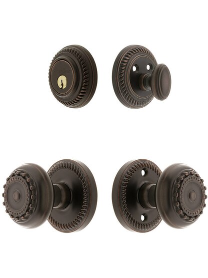 Grandeur Newport Entry Door Set, Keyed Alike with Parthenon Knobs in Oil-Rubbed Bronze.